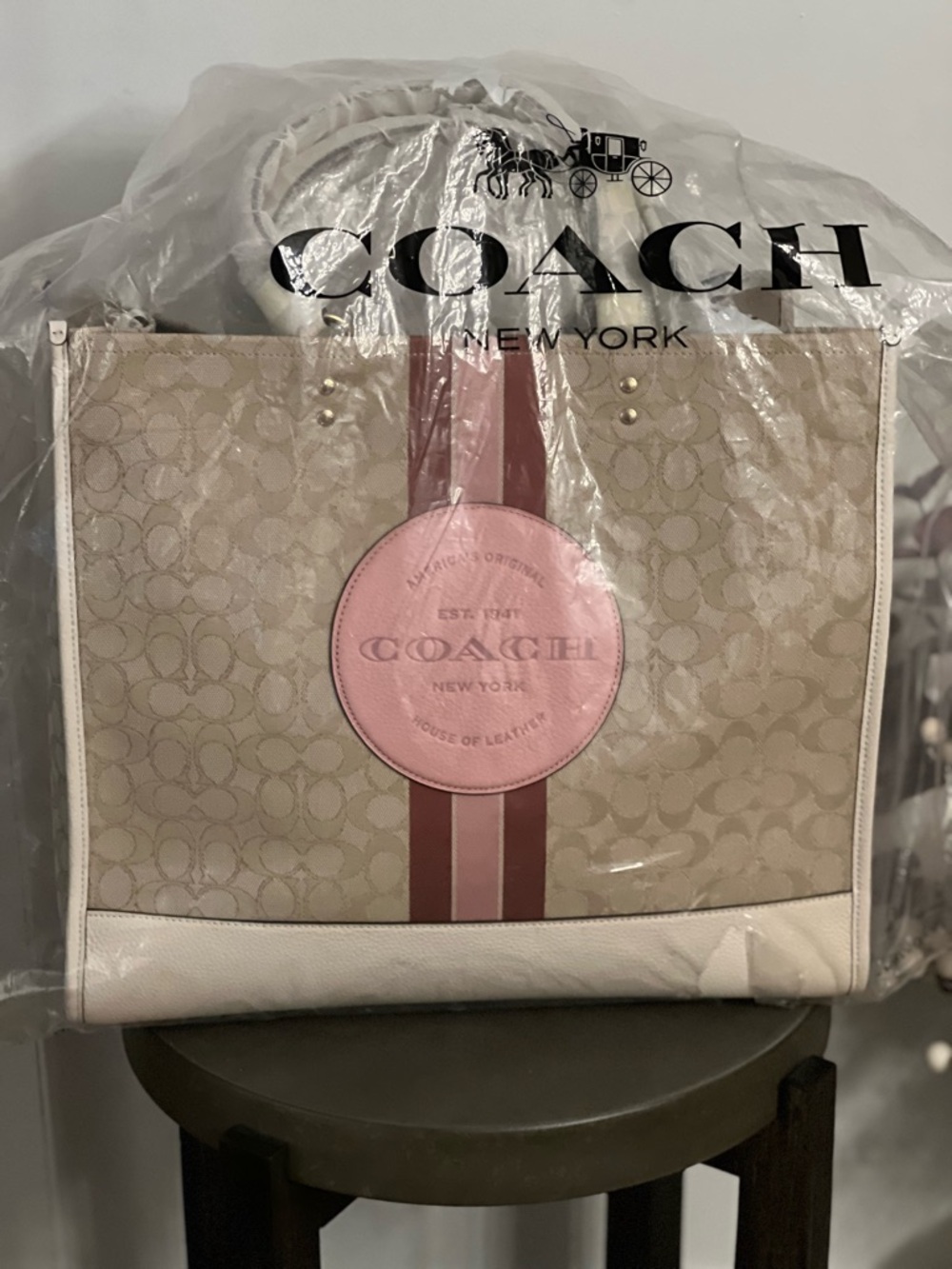 Coach Beige Signature Tote with Pink Round Patch and Stripe